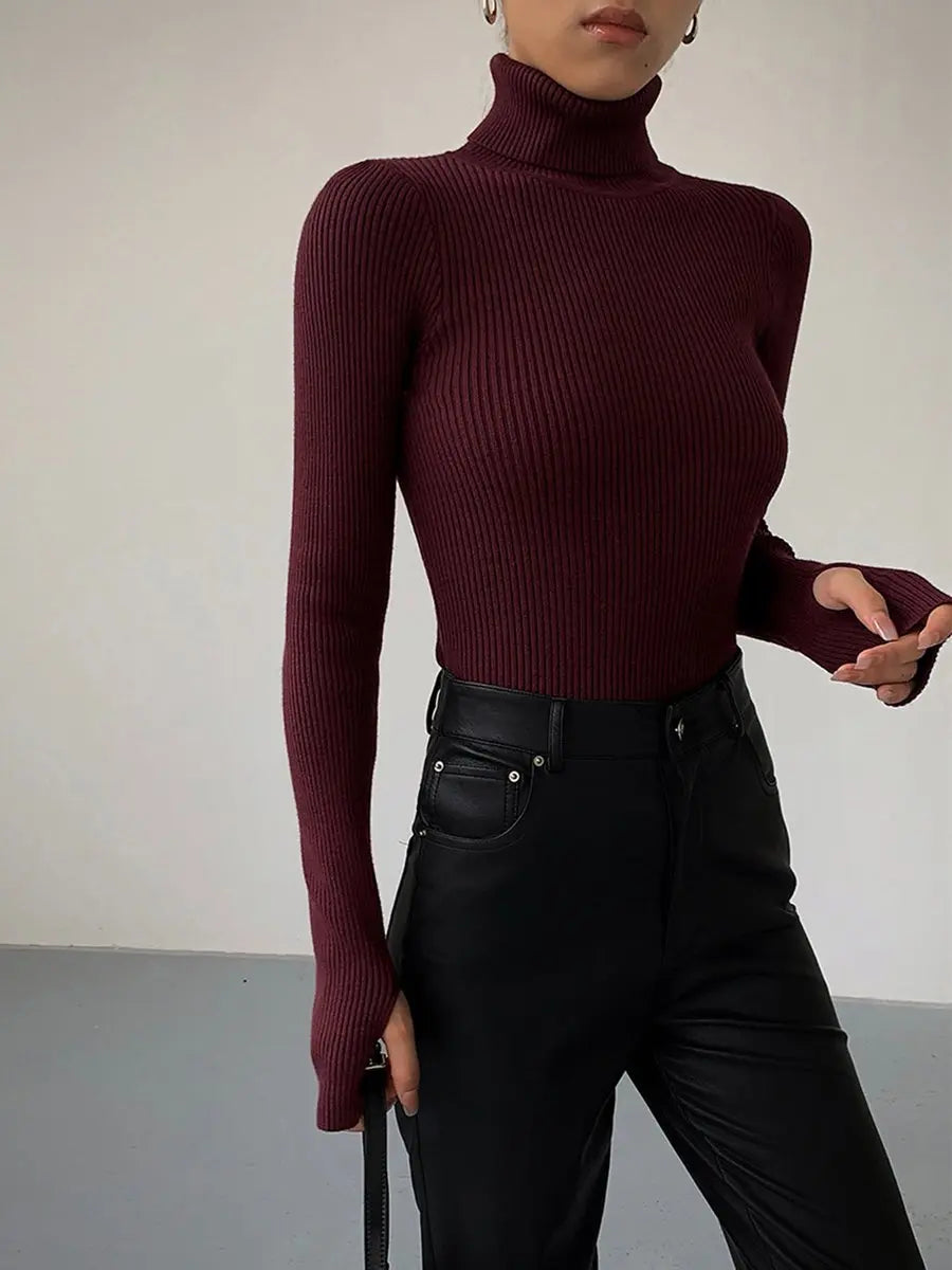 Women's Ribbed Turtleneck Knit Sweater Lightweight Transitional