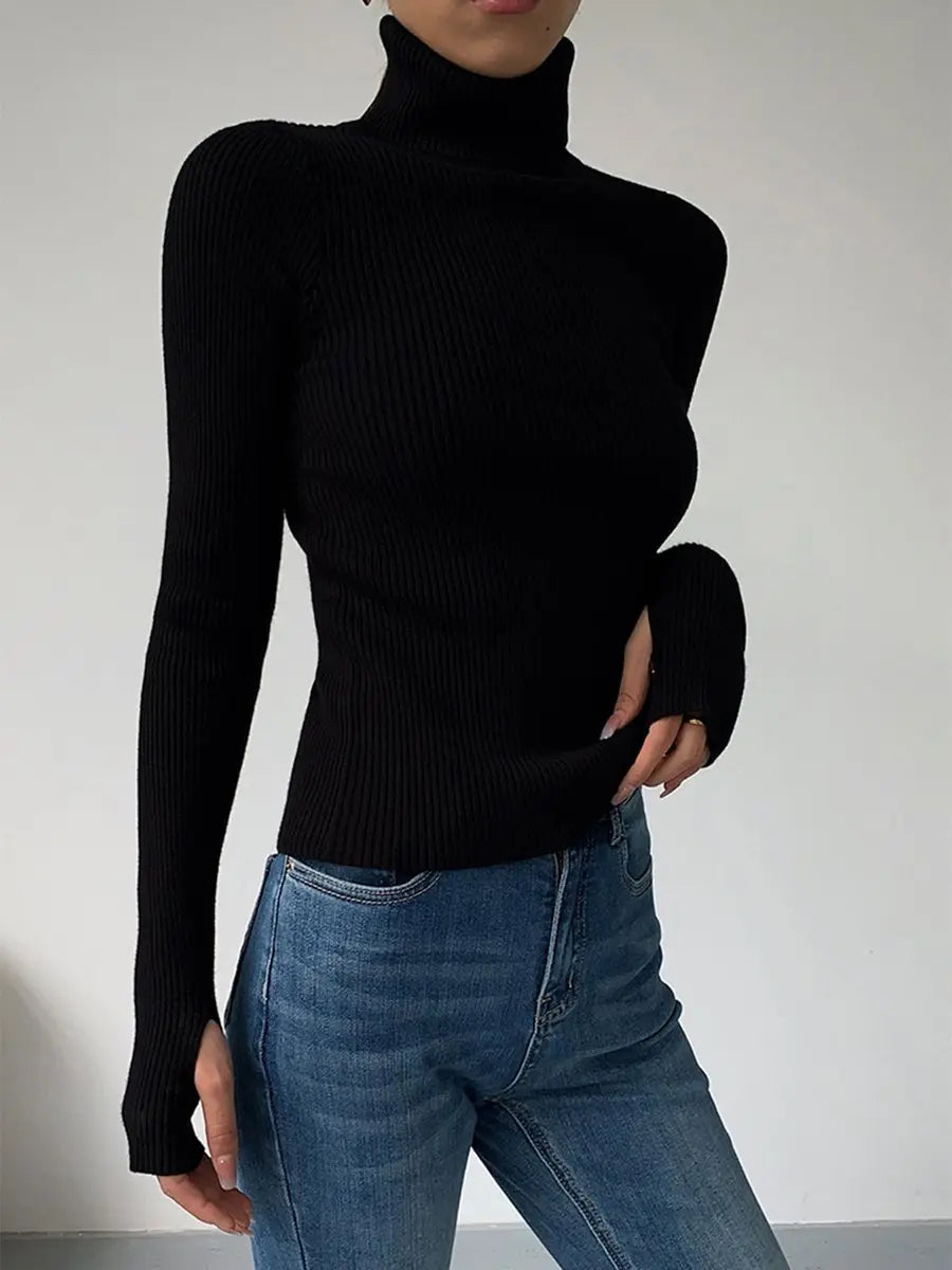 Women's Ribbed Turtleneck Knit Sweater Lightweight Transitional