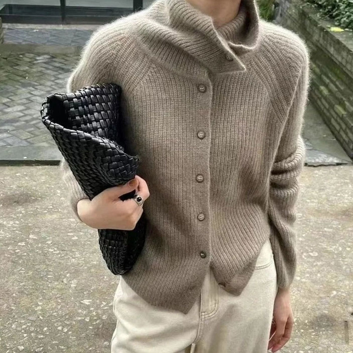 Women's Roll Neck Button-Front Knit Cardigan Jumper - Khaki