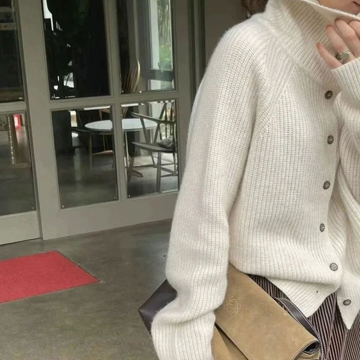 Women's Roll Neck Button-Front Knit Cardigan Jumper - White