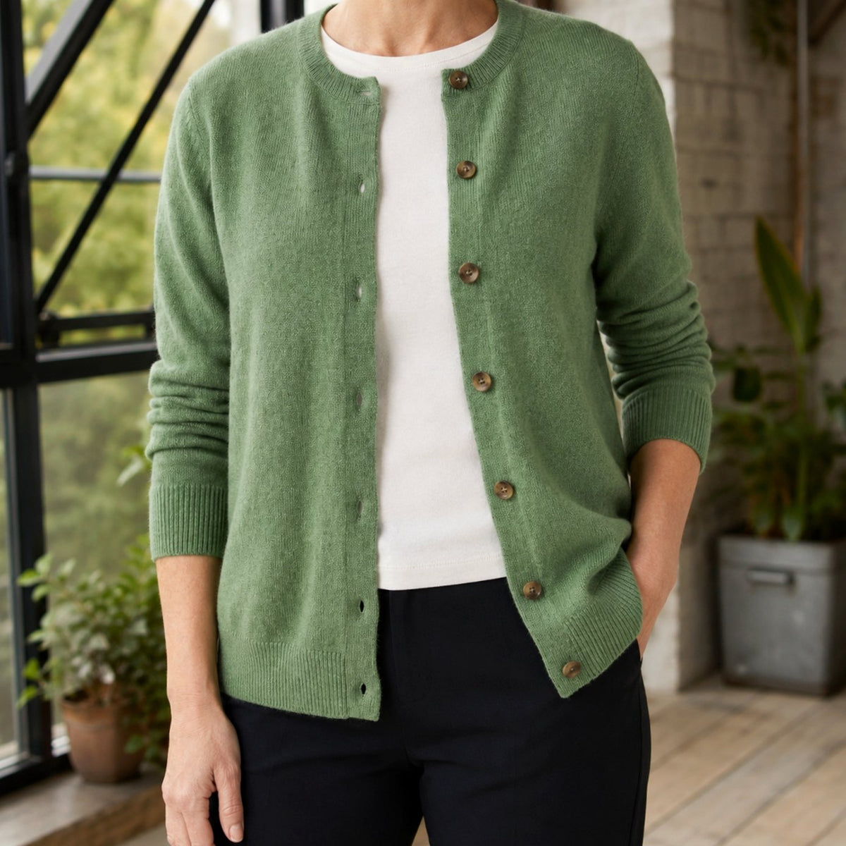 Women's Round-Neck Button-Front Knit Cardigan - Green