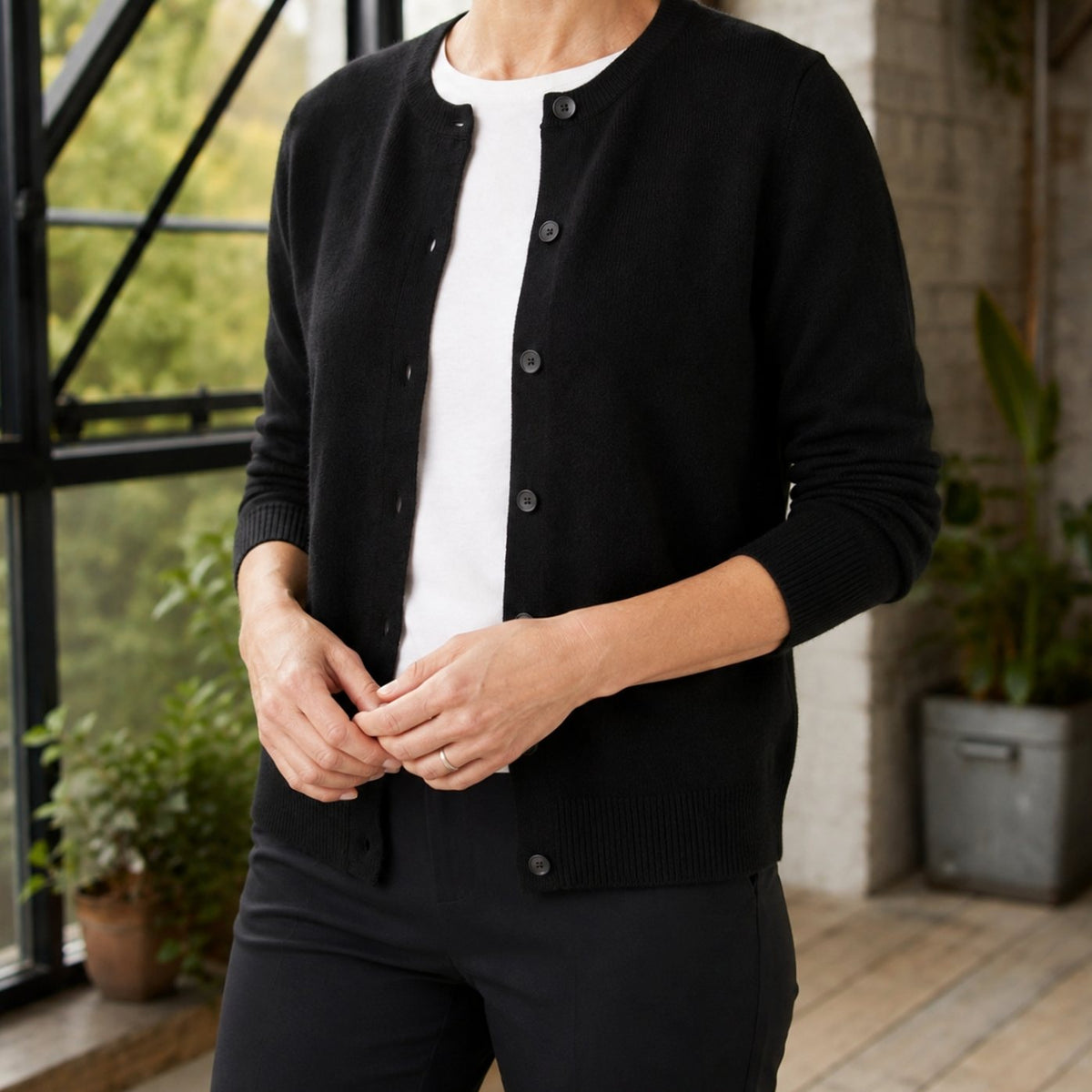 Women's Round-Neck Button-Front Knit Cardigan - Black