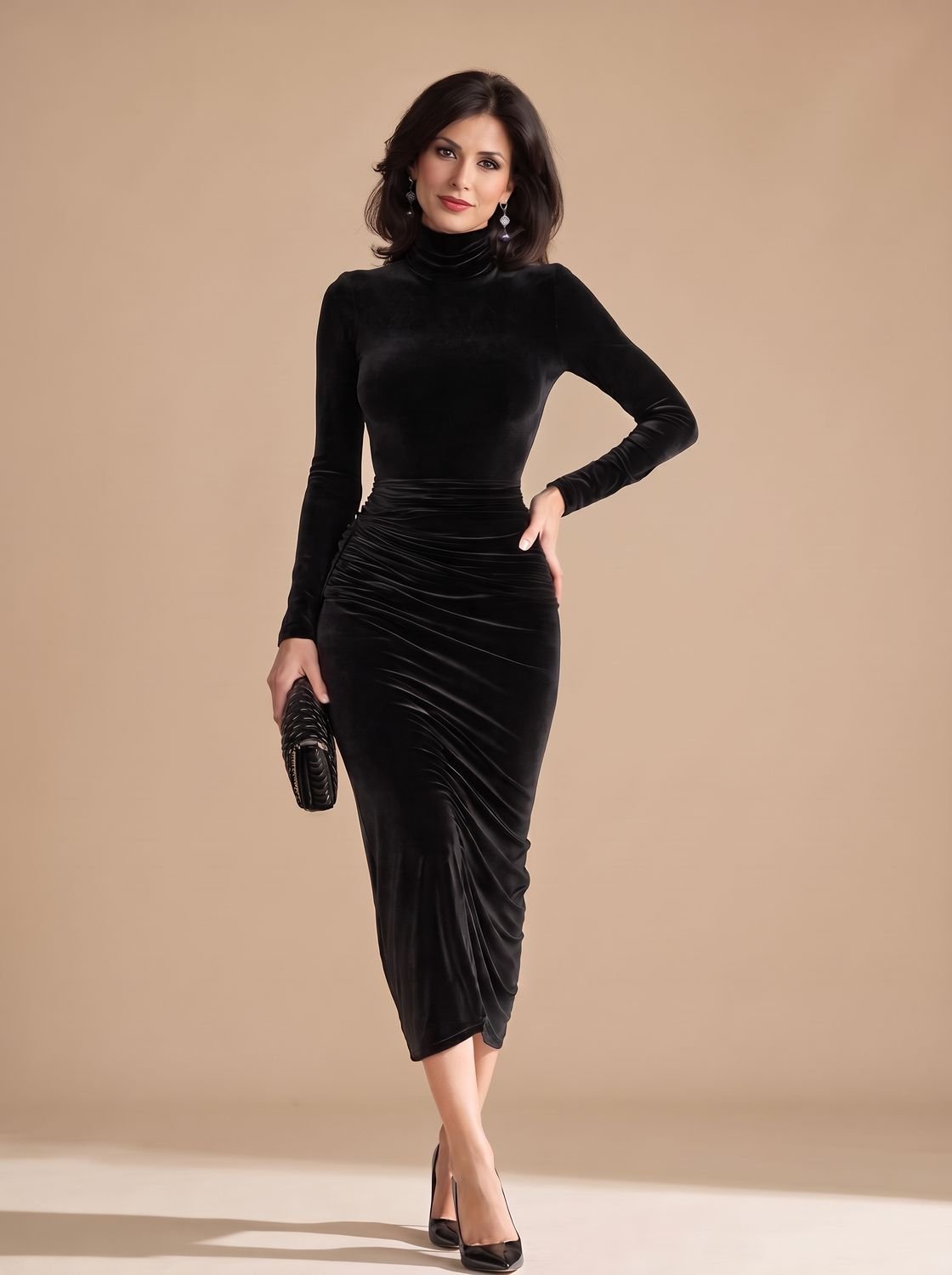 Women's Ruched Velvet Midi Dress Turtleneck Long Sleeve