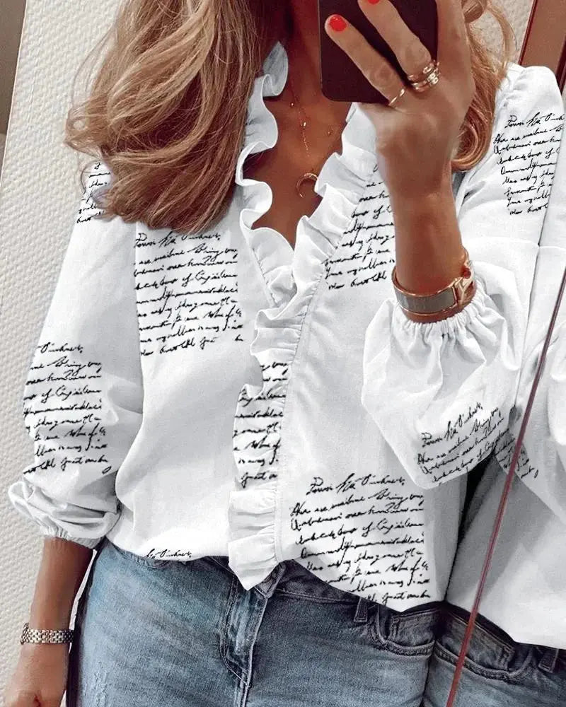 Women's Ruffle Blouse Long Sleeve V-Neck Feminine - White Black