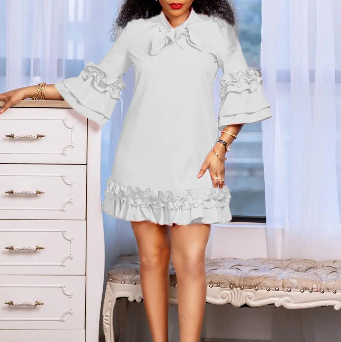 Women's Ruffle Hem Bow-Neck Tunic Mini Dress