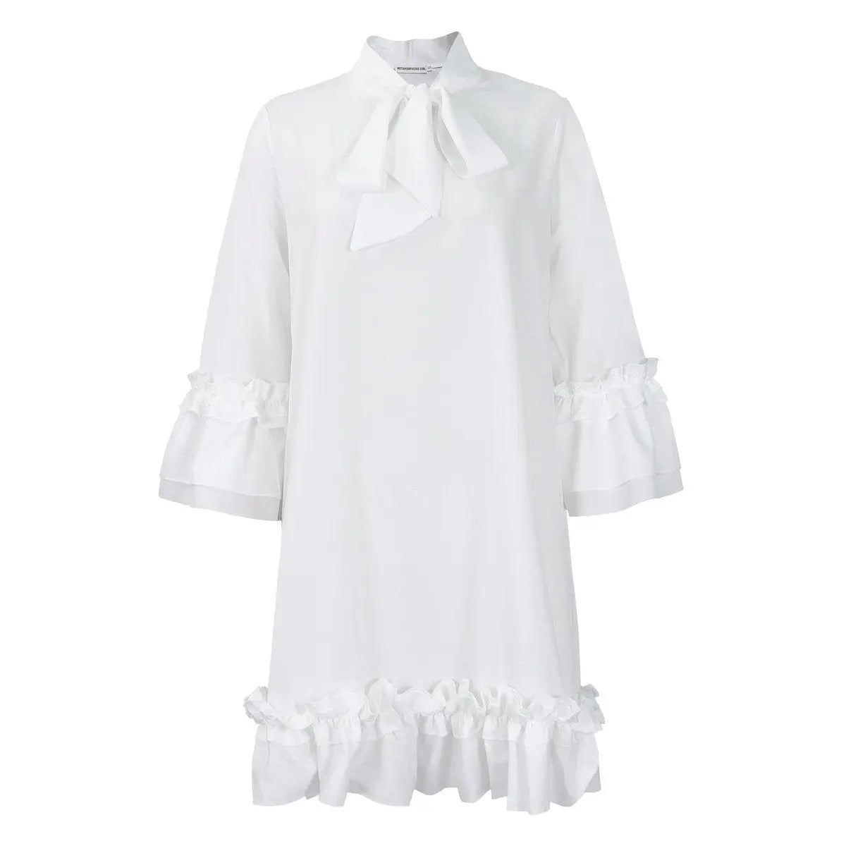 Women's Ruffle Hem Bow-Neck Tunic Mini Dress - White