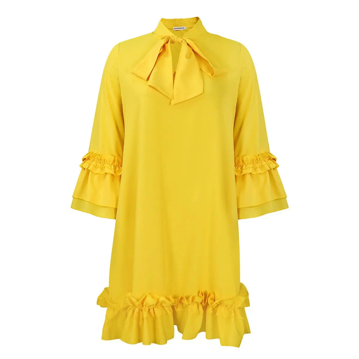 Women's Ruffle Hem Bow-Neck Tunic Mini Dress - Yellow