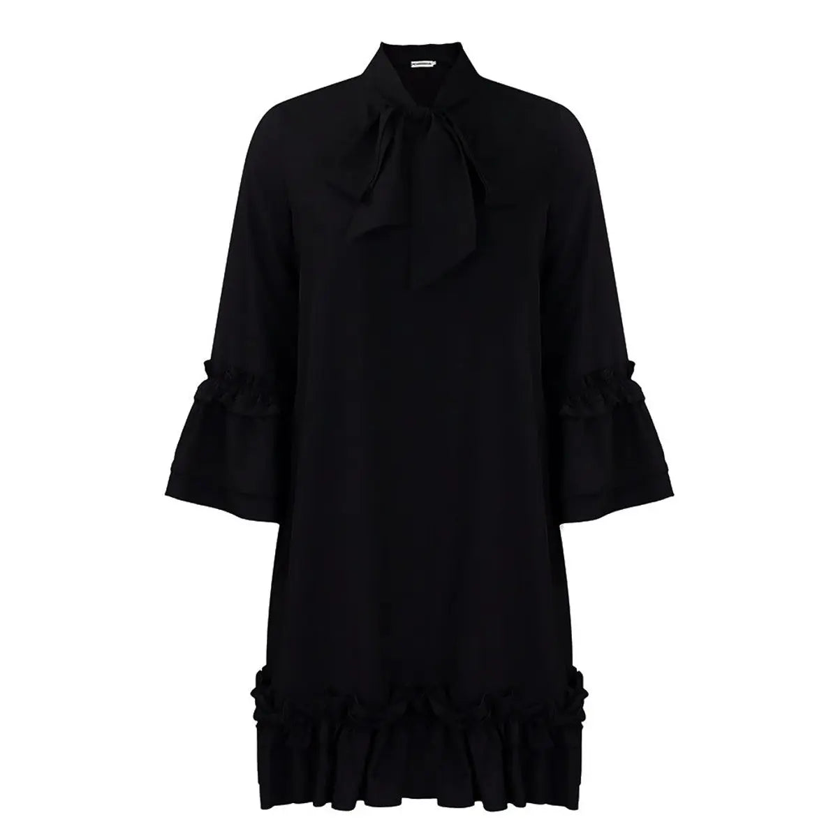 Women's Ruffle Hem Bow-Neck Tunic Mini Dress - Black