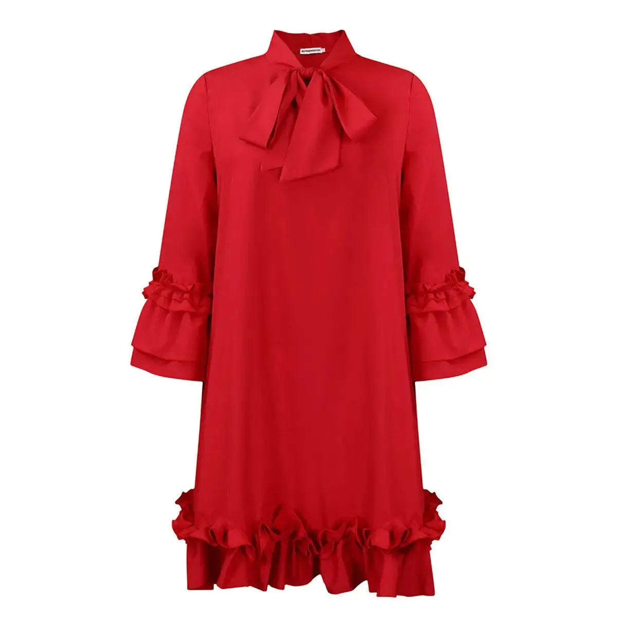 Women's Ruffle Hem Bow-Neck Tunic Mini Dress - Red