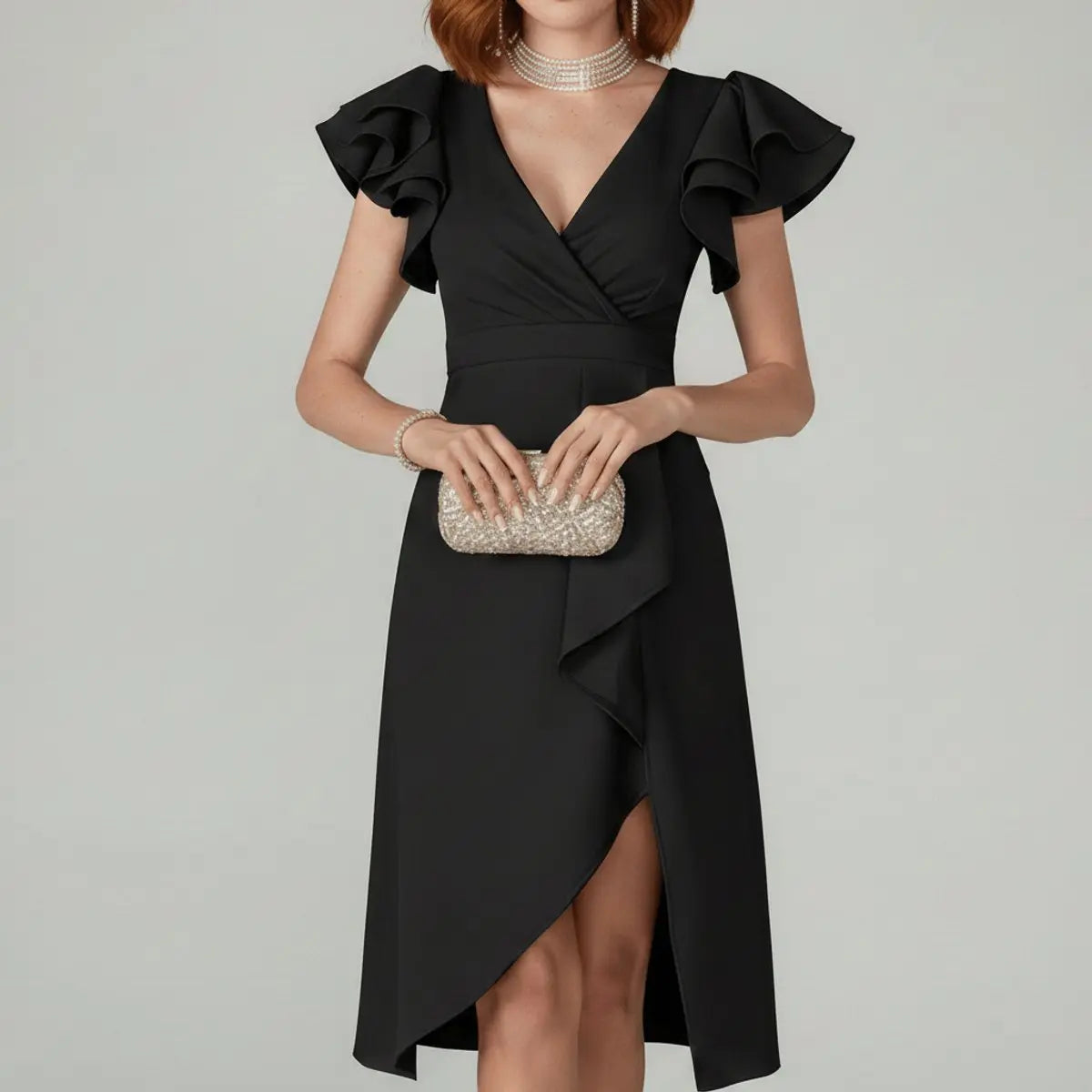 Women's Ruffle Sleeve V-Neck Wrap Mother of the Bride Dress - Classic Black