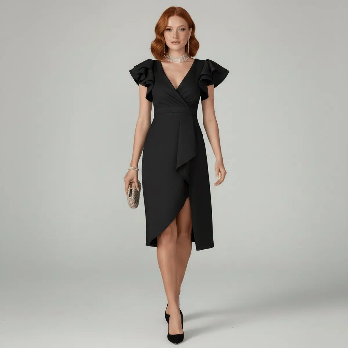 Women's Ruffle Sleeve V-Neck Wrap Mother of the Bride Dress