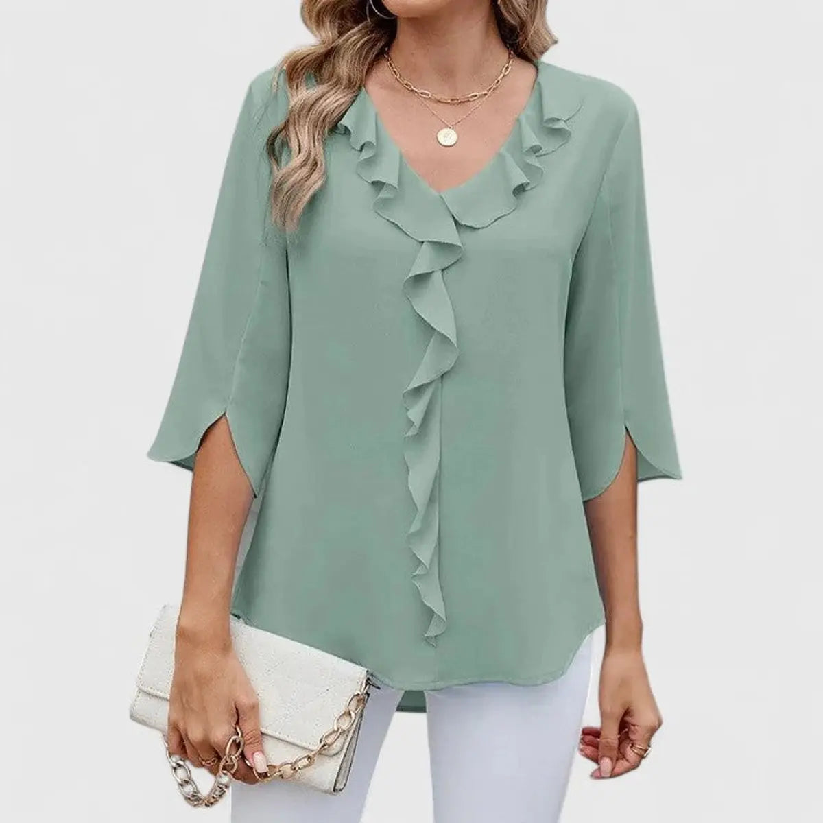 Women's Ruffle V-Neck Three-Quarter Sleeve Chiffon Blouse - Green
