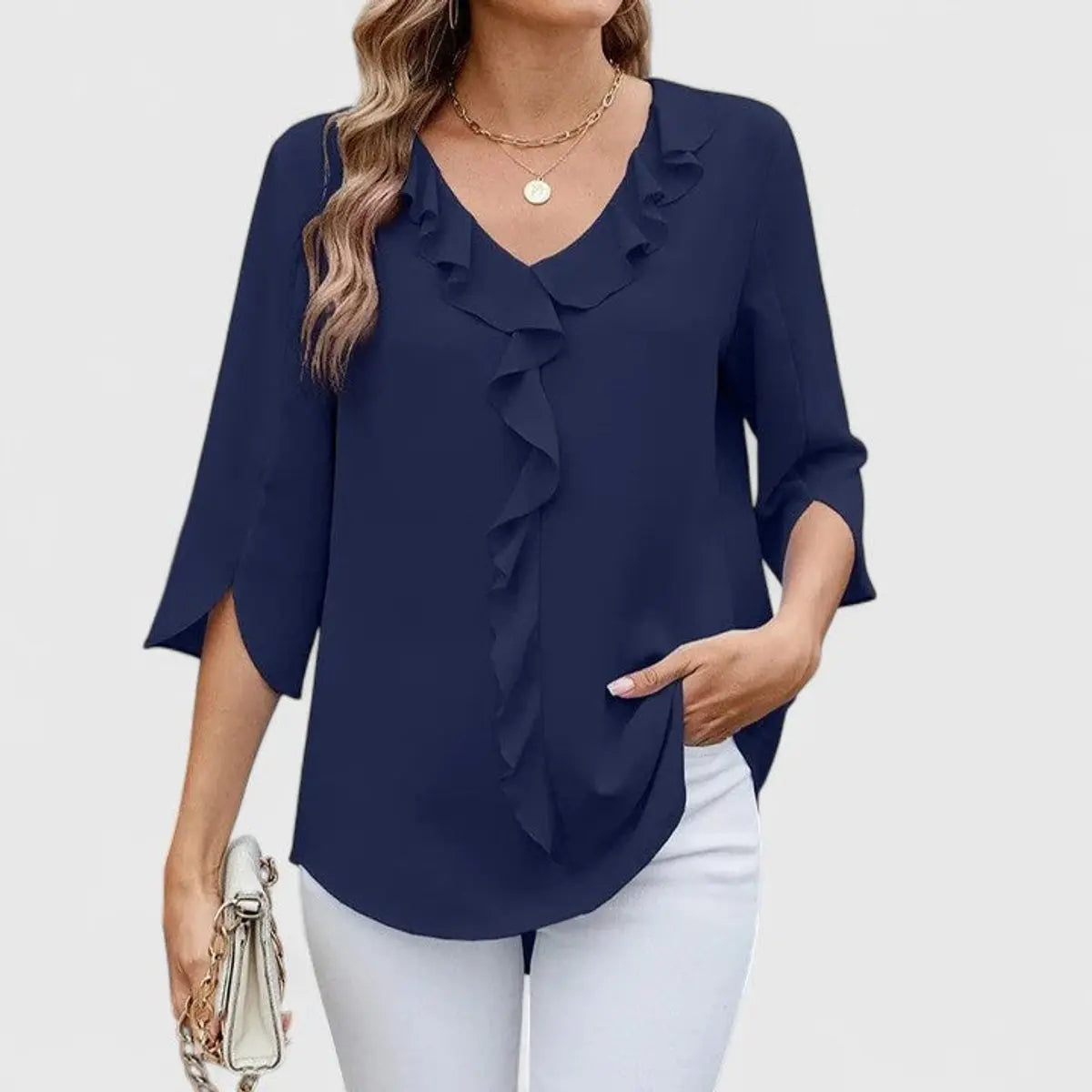 Women's Ruffle V-Neck Three-Quarter Sleeve Chiffon Blouse - Blue