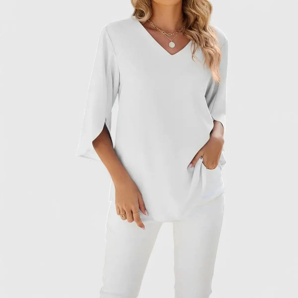 Women's Ruffle V-Neck Three-Quarter Sleeve Chiffon Blouse - Classic White