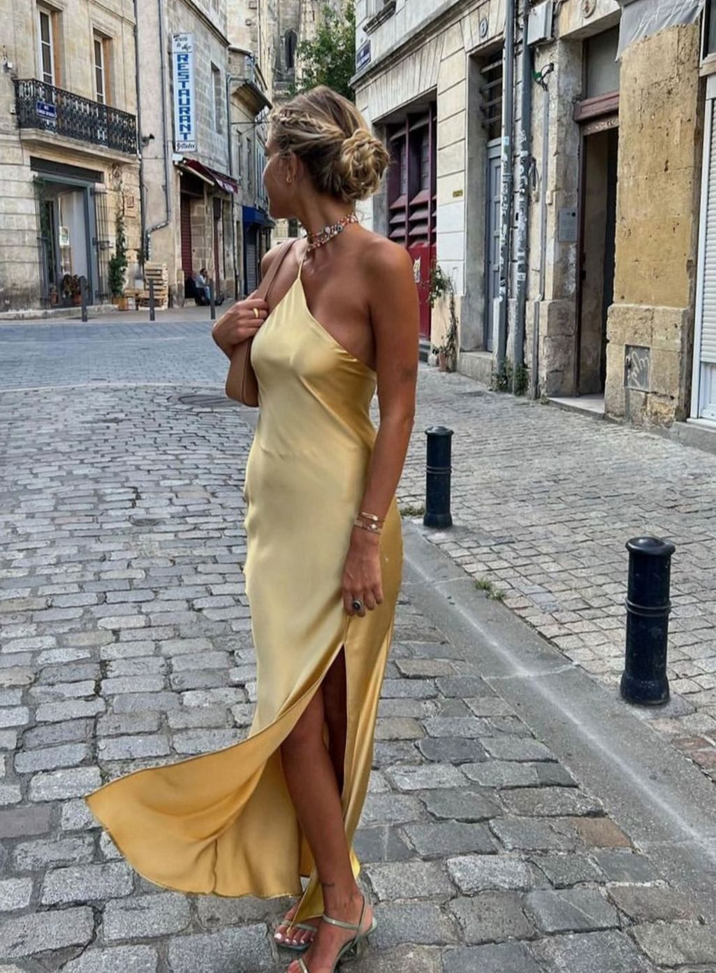 Women's Satin Backless One-Shoulder Midi Dress Side Slit