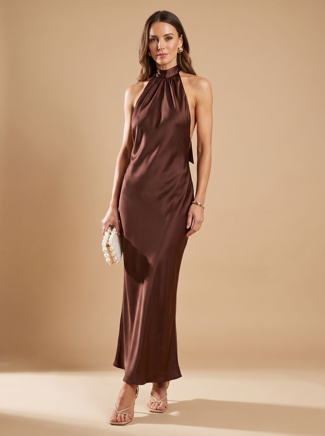 Women's Satin Halter-Neck Backless Maxi Slip Dress - Brown