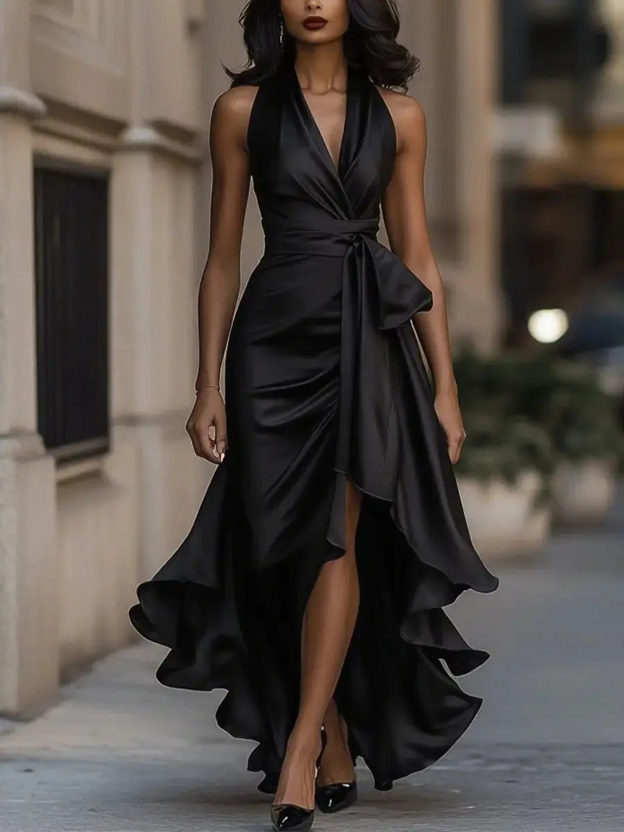 Women's Satin Halter-Neck High-Low Cocktail Party Dress Bow Waist - Black