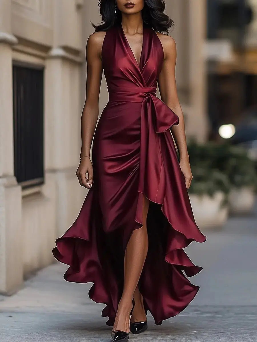 Women's Satin Halter-Neck High-Low Cocktail Party Dress Bow Waist - Burgundy