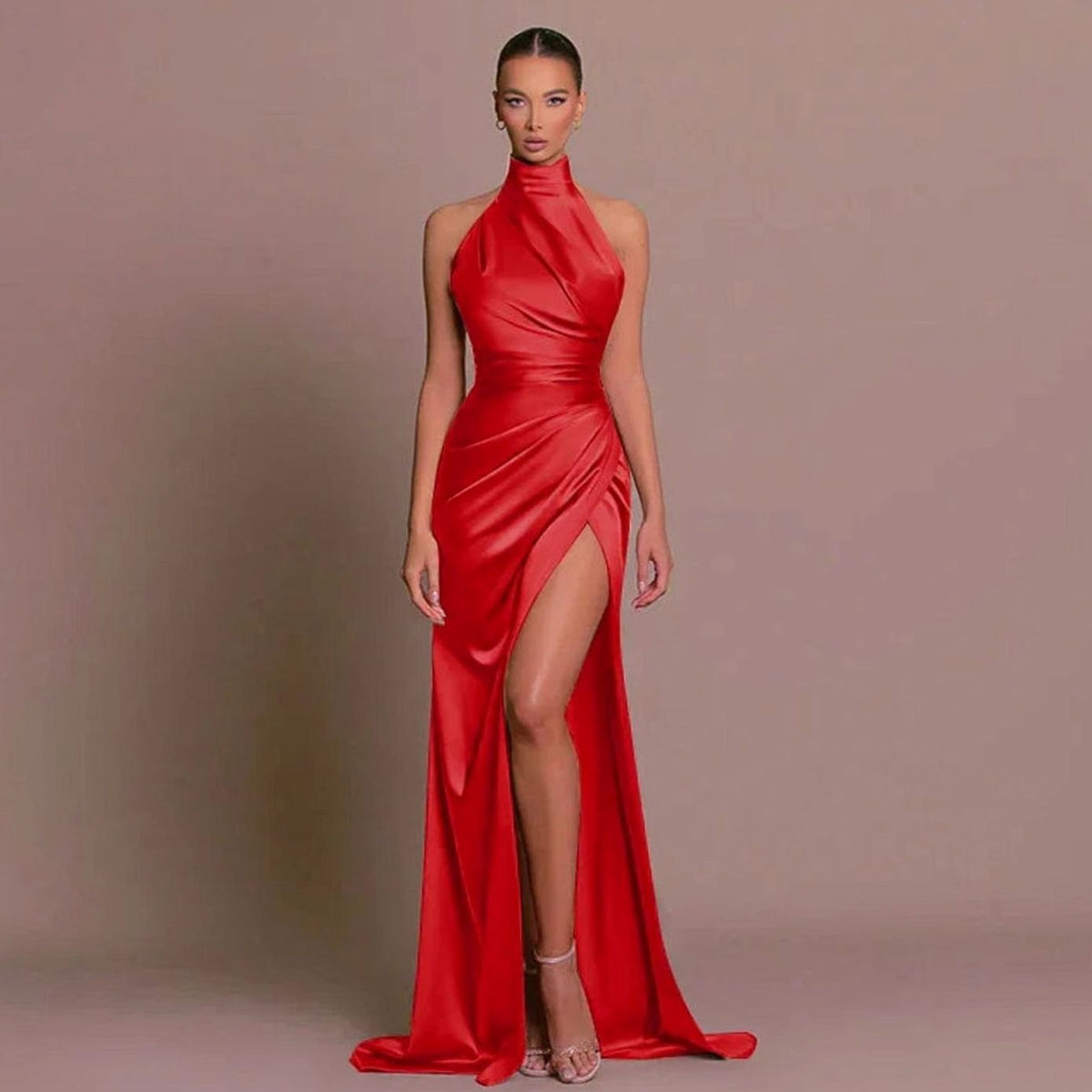 Women's Satin Halter-Neck High-Slit Formal Party Dress - Red