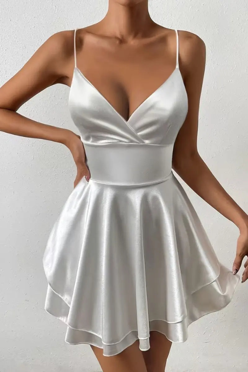 Women's Satin Open-Back V-Neck Mini Cocktail Dress - White