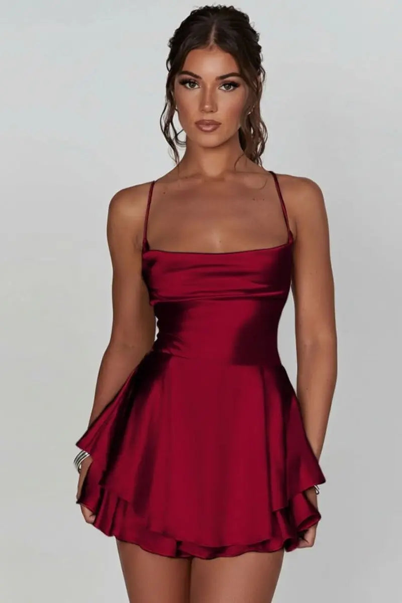 Women's Satin Square-Neck Ruched Waist Flared Mini Cocktail Dress - Brick Red