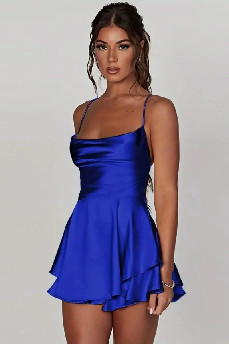 Women's Satin Square-Neck Ruched Waist Flared Mini Cocktail Dress - Royal Blue