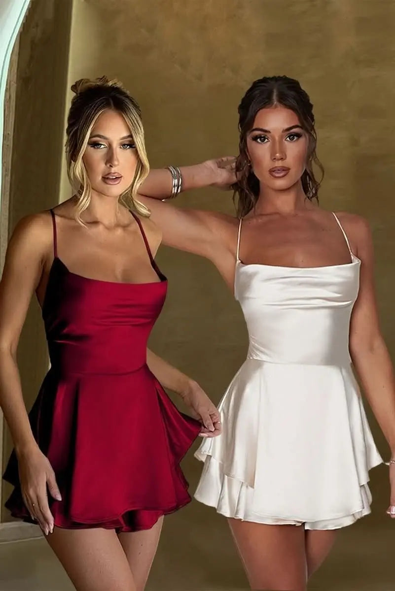 Women's Satin Square-Neck Ruched Waist Flared Mini Cocktail Dress