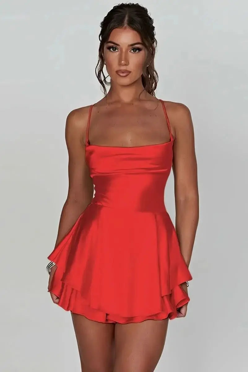 Women's Satin Square-Neck Ruched Waist Flared Mini Cocktail Dress - Red