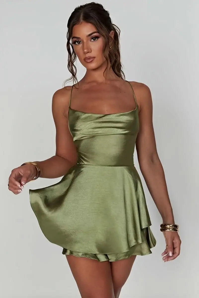 Women's Satin Square-Neck Ruched Waist Flared Mini Cocktail Dress - Matcha Green