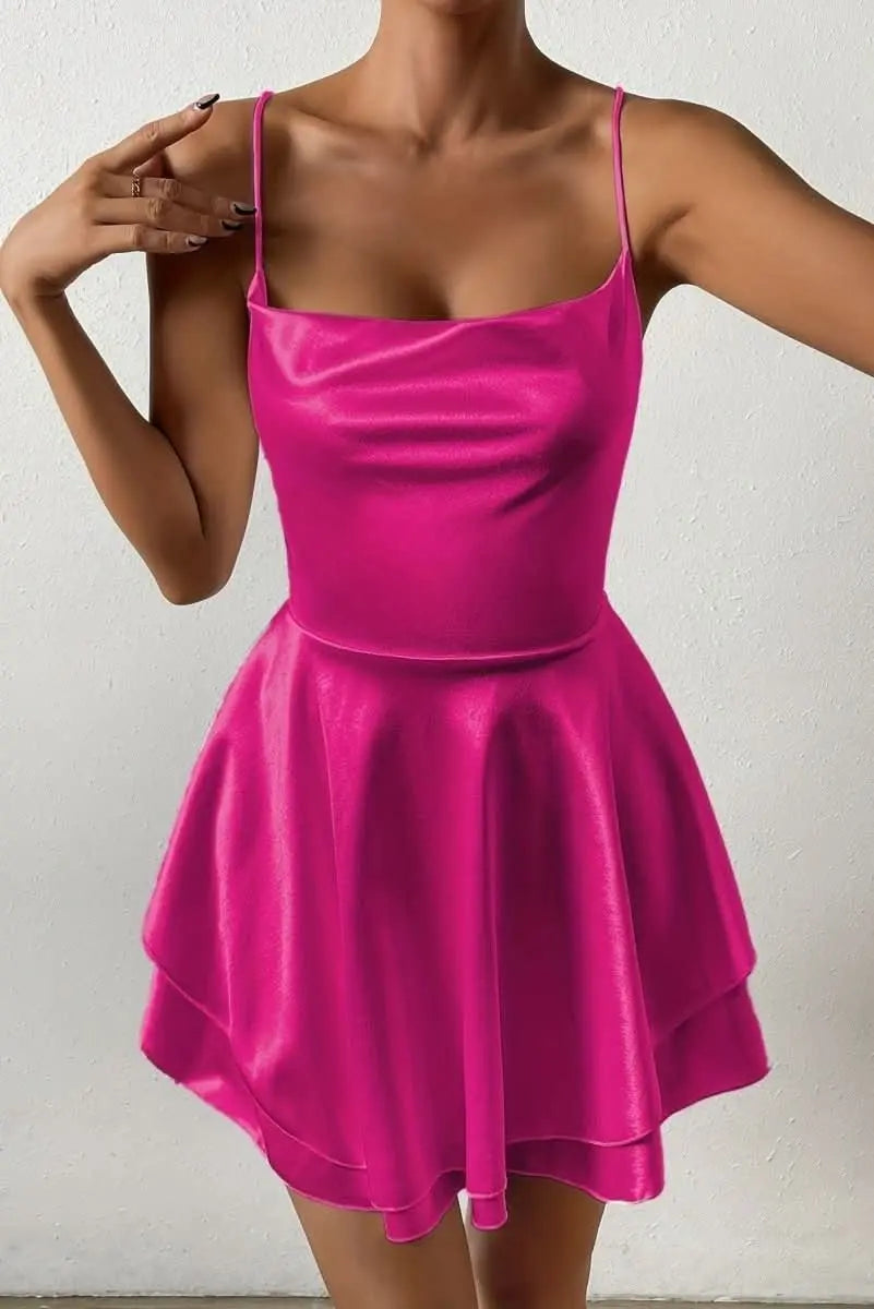 Women's Satin Square-Neck Ruched Waist Flared Mini Cocktail Dress
