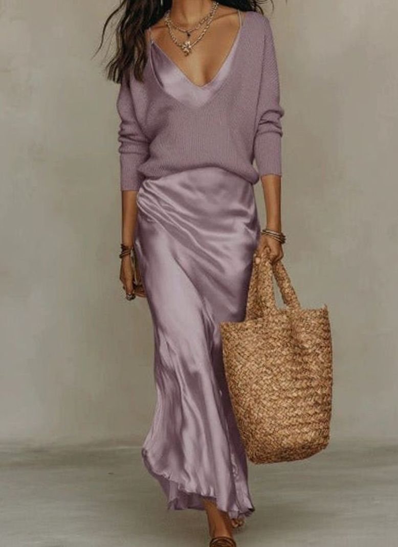 Women's Satin V-Neck Spaghetti Strap Maxi Slip Dress, White - Purple