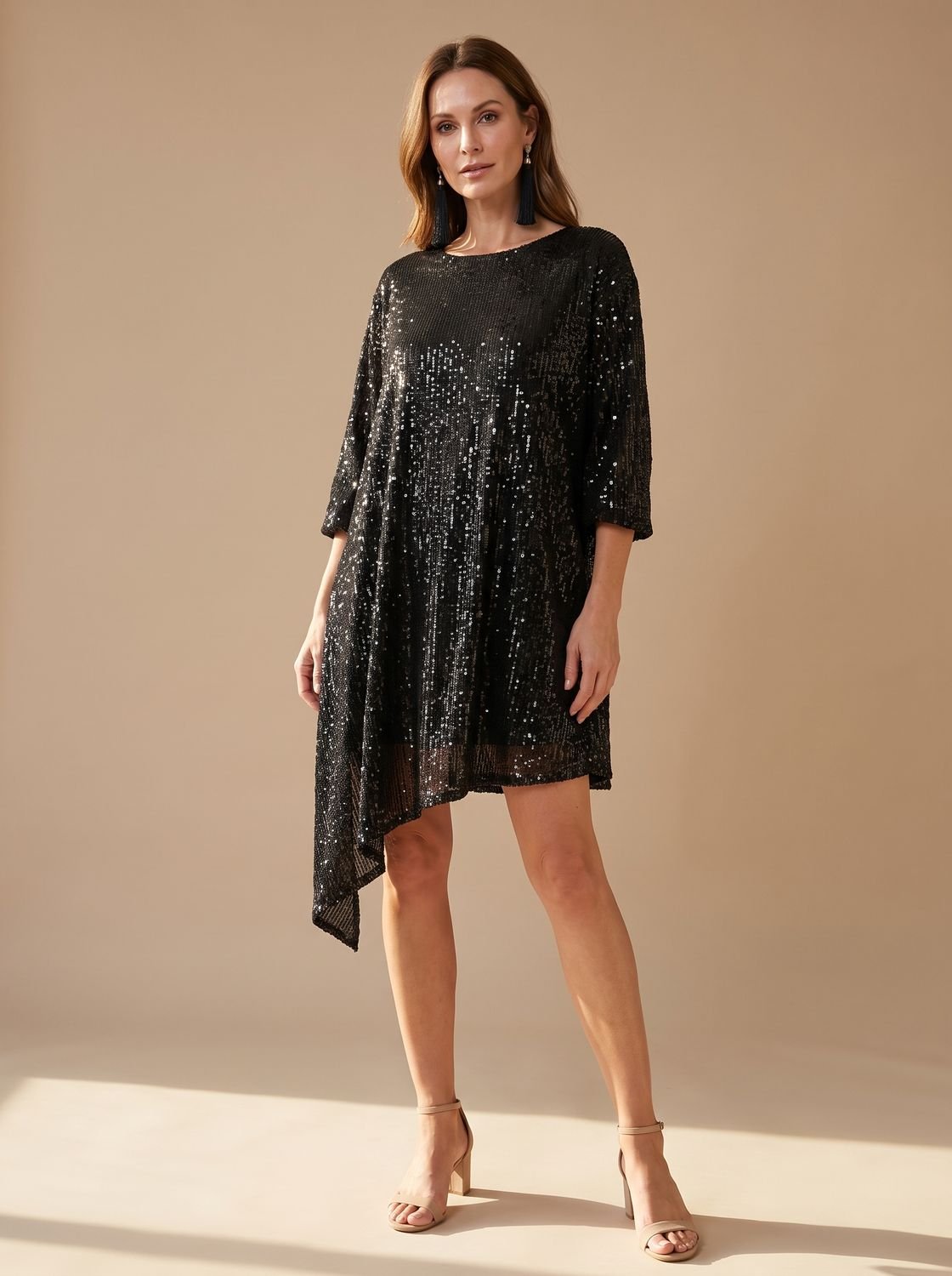 Women's Sequin Asymmetric Draped-Sleeve Christmas Party Mini Dress - Round Neck Black