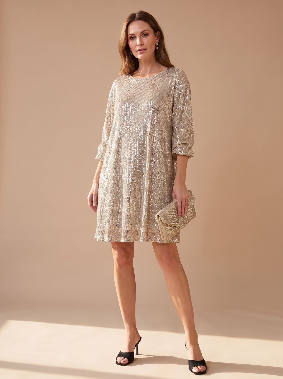 Women's Sequin Asymmetric Draped-Sleeve Christmas Party Mini Dress - Round Neck Gold