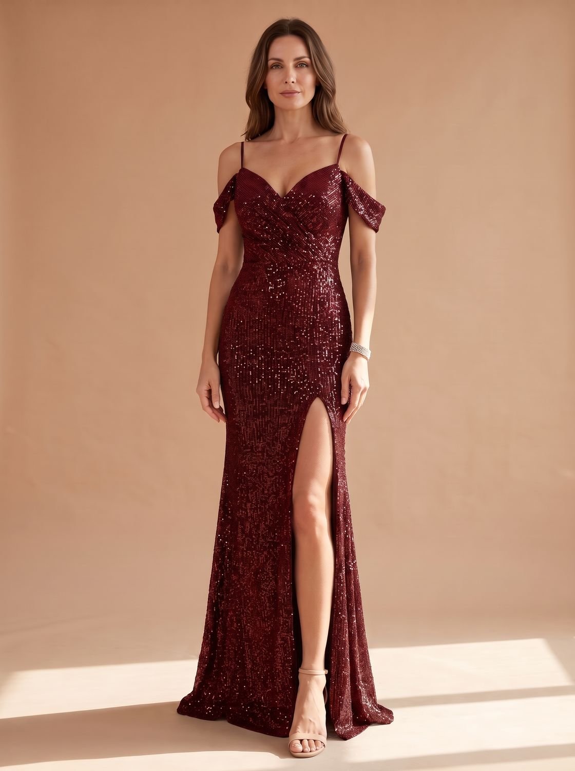 Women's Sequin Cold-Shoulder Maxi Christmas Party Dress - Wine Red