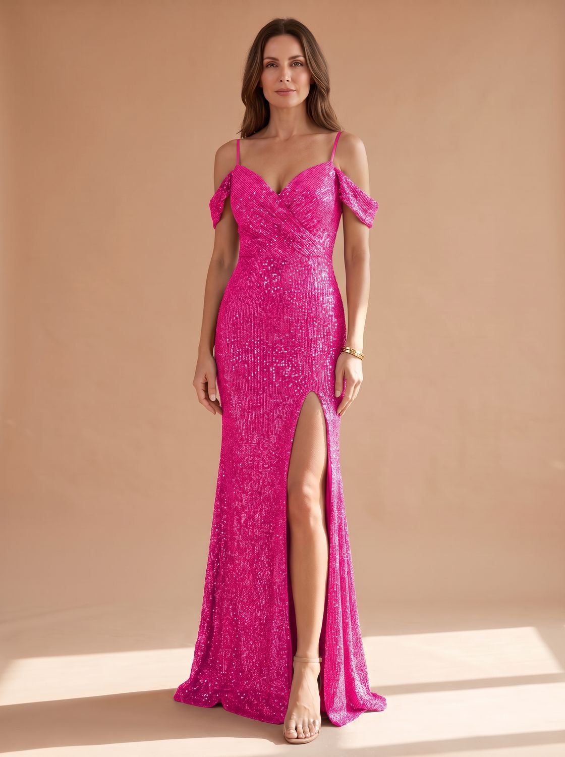Women's Sequin Cold-Shoulder Maxi Christmas Party Dress - Rose Red