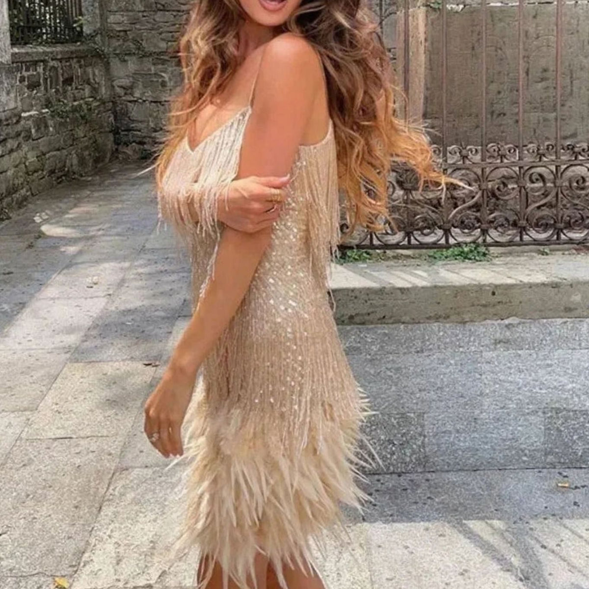 Women's Sequin Feather-Trim Spaghetti Strap Evening Mini Party Dress