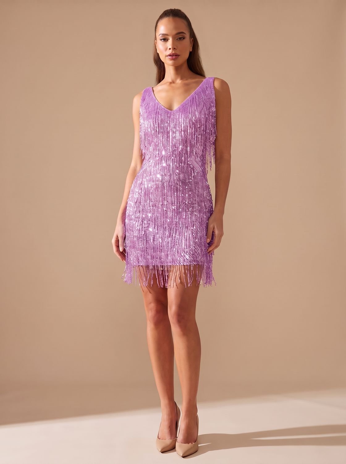 Women's Sequin Fringe A-Line Mini Christmas Party Dress - Purple
