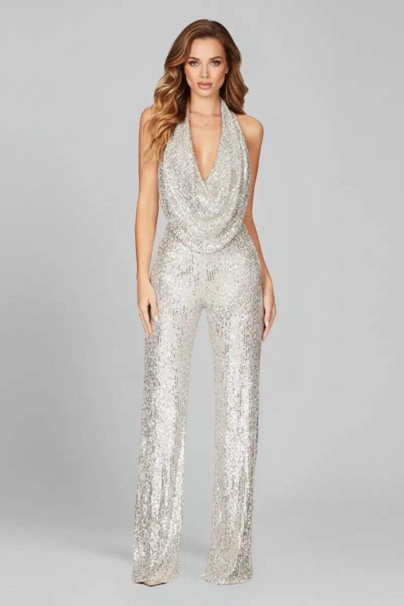 Women's Sequin Halter-Neck Cowl Wide Leg Pants Jumpsuit - Silver