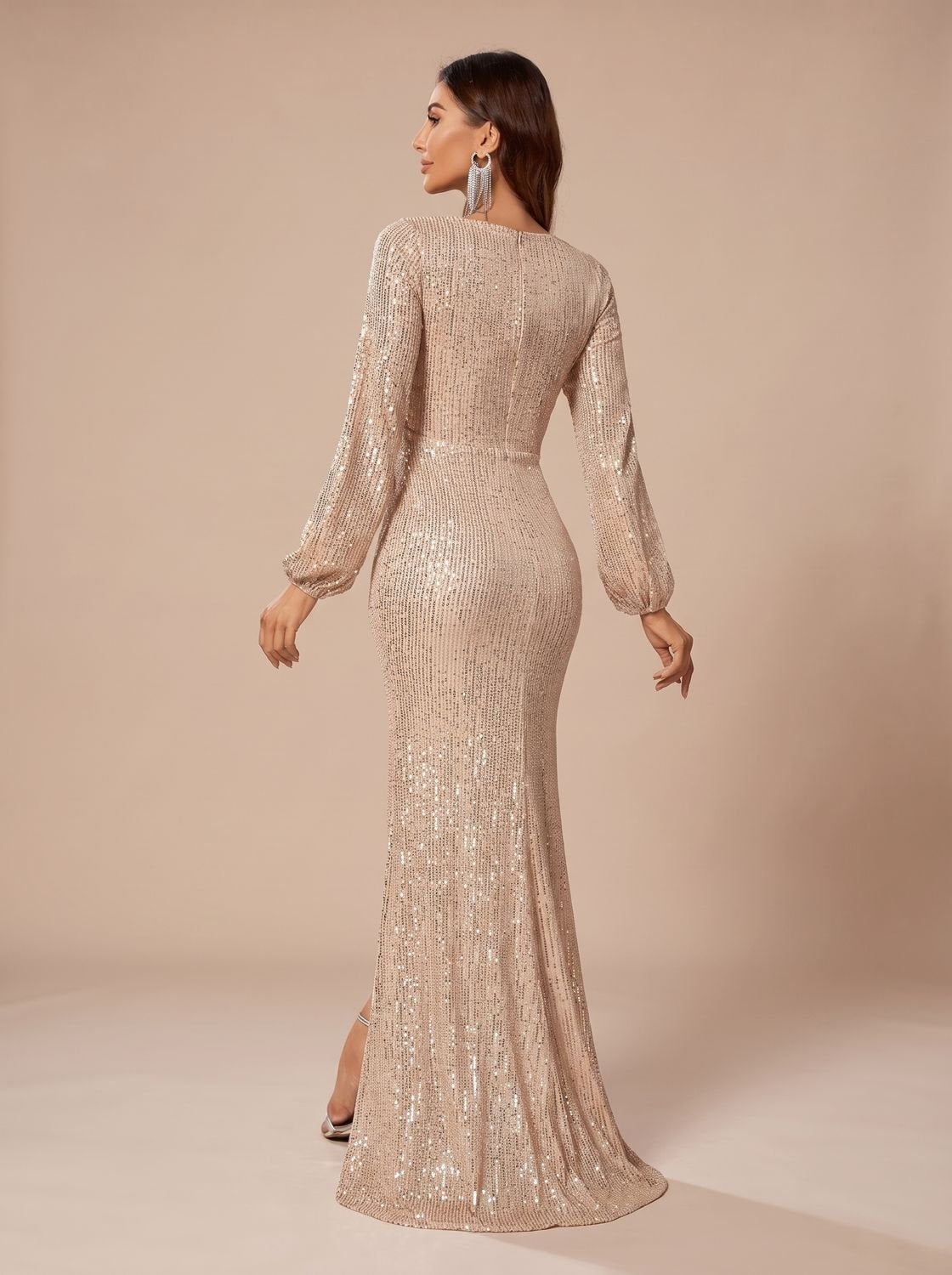 Women's Sequin Maxi Christmas Party Dress V-Neck Long Sleeve Gown
