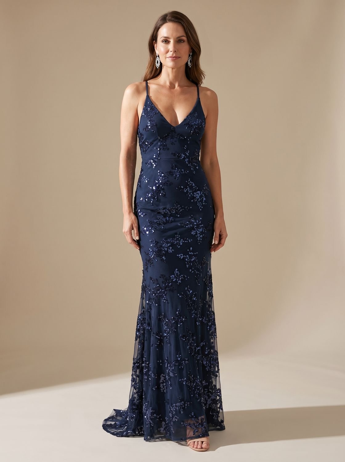 Women's Sequin Mermaid Maxi Christmas Party Dress Spaghetti Strap V-Neck - Navy Blue