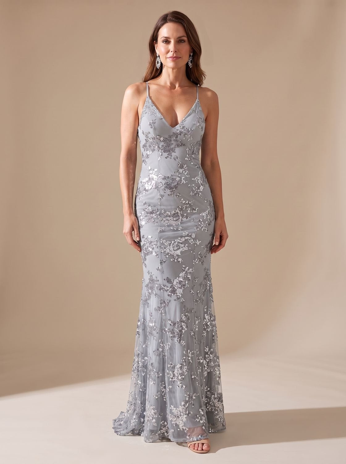 Women's Sequin Mermaid Maxi Christmas Party Dress Spaghetti Strap V-Neck - Grey