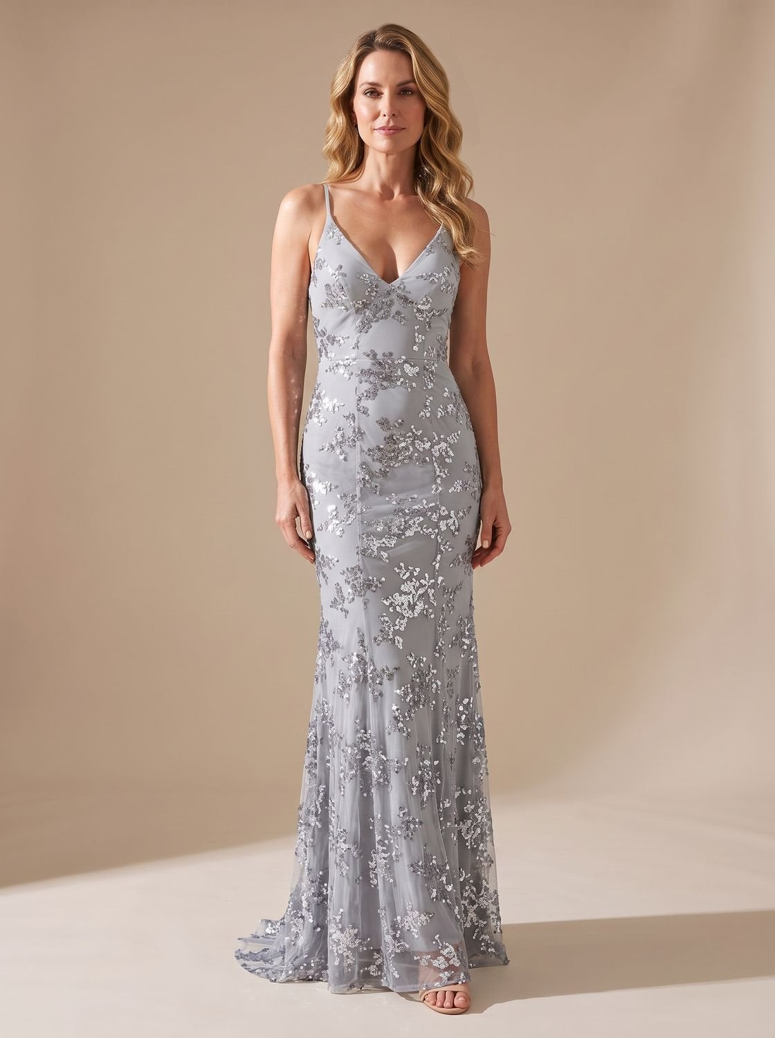 Women's Sequin Mermaid Maxi Christmas Party Dress Spaghetti Strap V-Neck