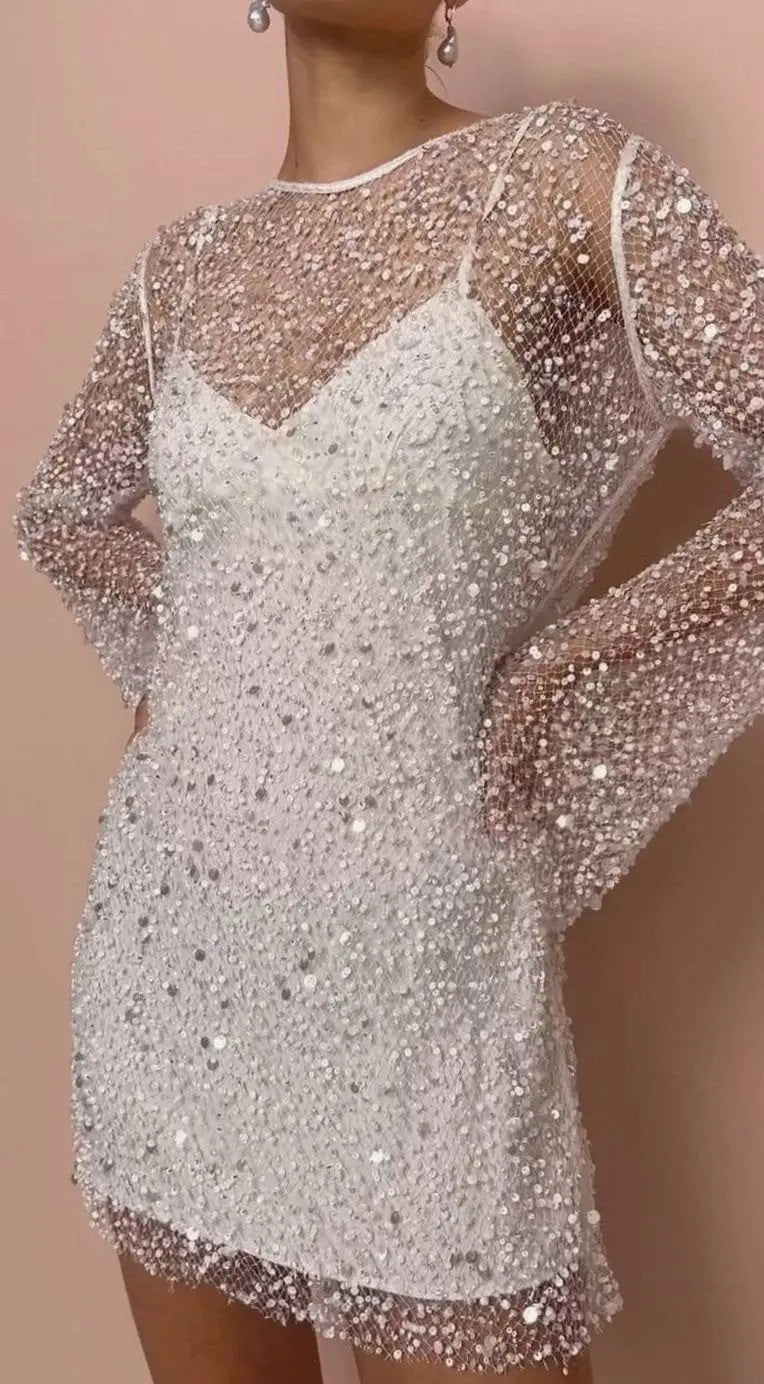 Women's Sequin Mesh Long-Sleeve Autumn Dress Mini Party - White