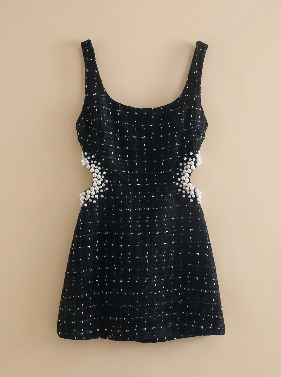 Women's Sequin Mini Dress Beaded Cutout Sleeveless Party - Black