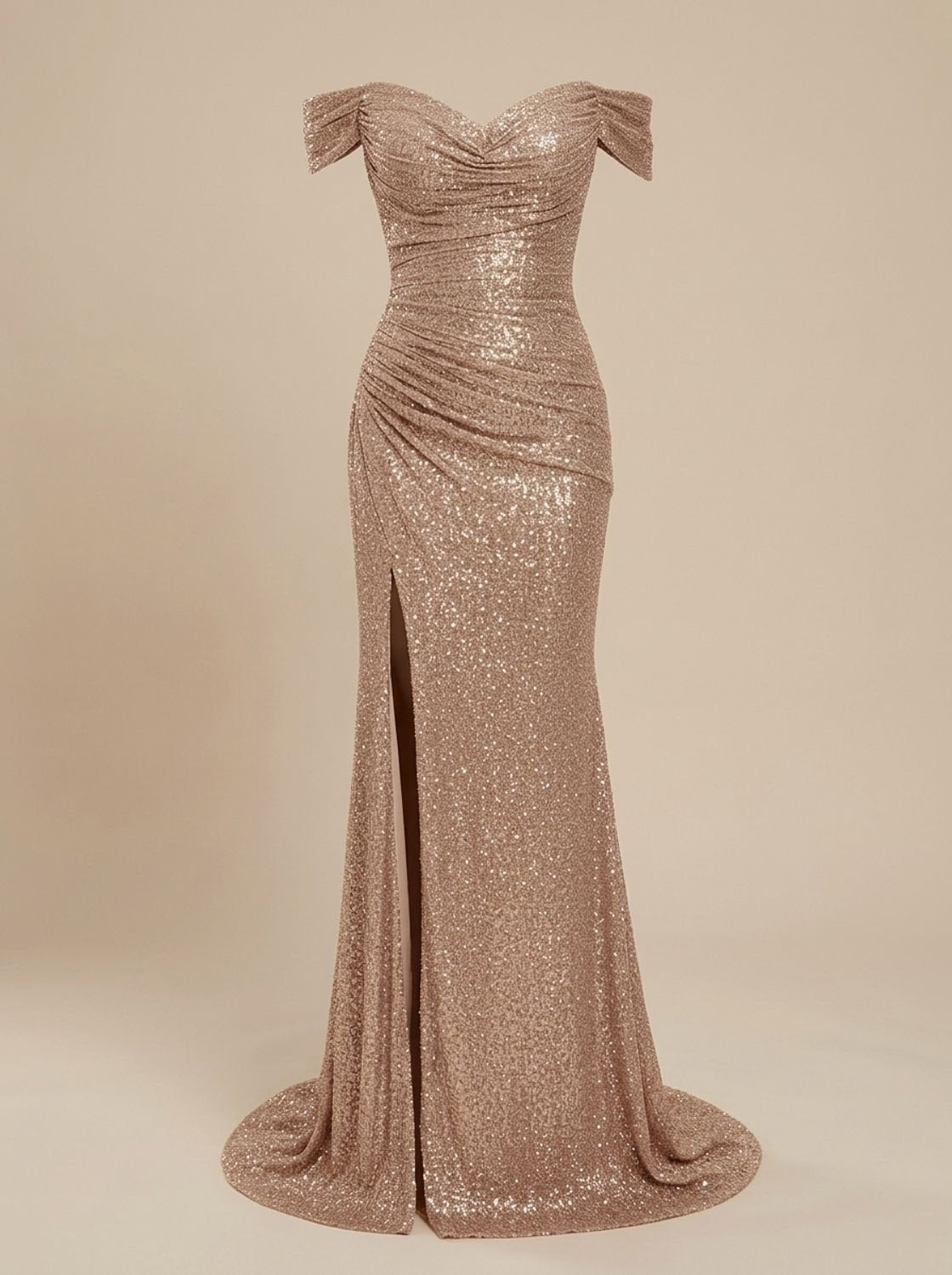 Women's Sequin Off-Shoulder Maxi Christmas Party Dress Side Slit - Champagne