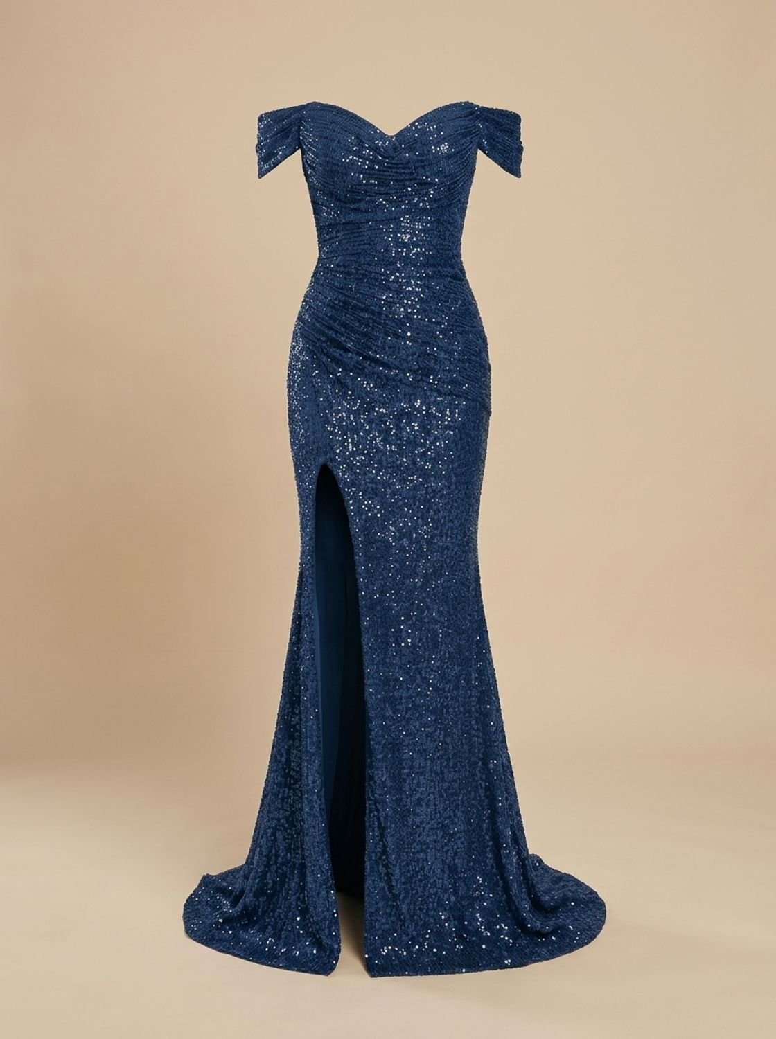 Women's Sequin Off-Shoulder Maxi Christmas Party Dress Side Slit - Peacock Blue