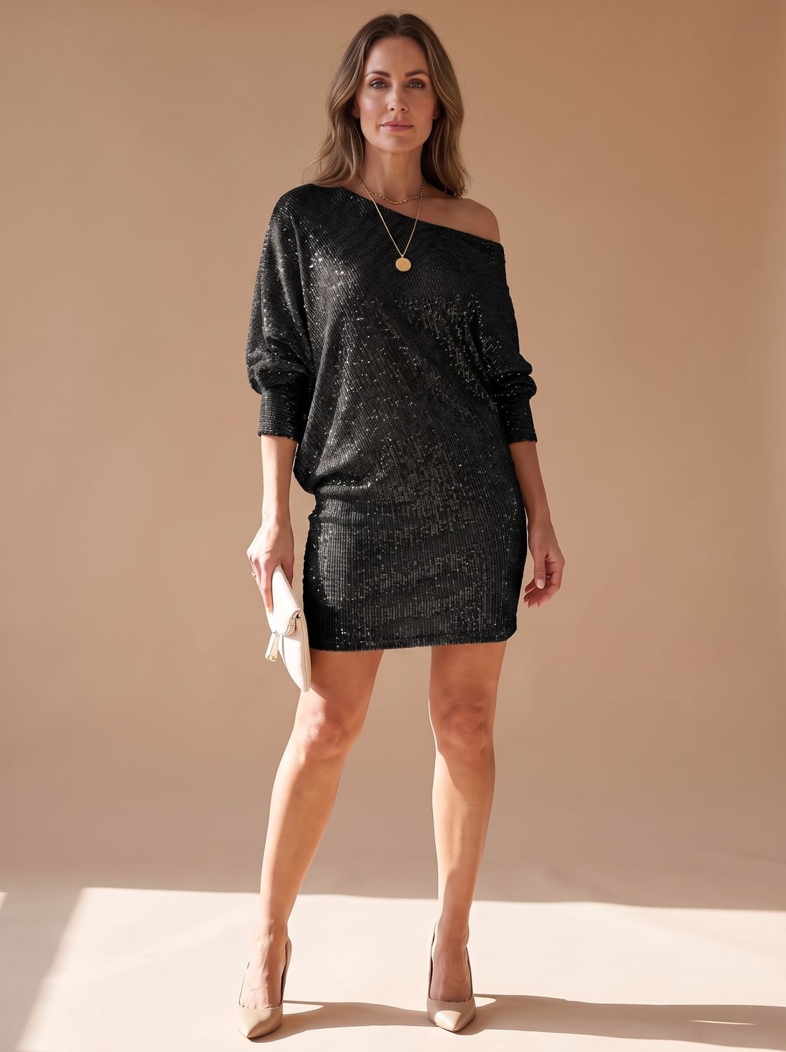 Women's Sequin One-Shoulder Mini Christmas Party Dress - Black