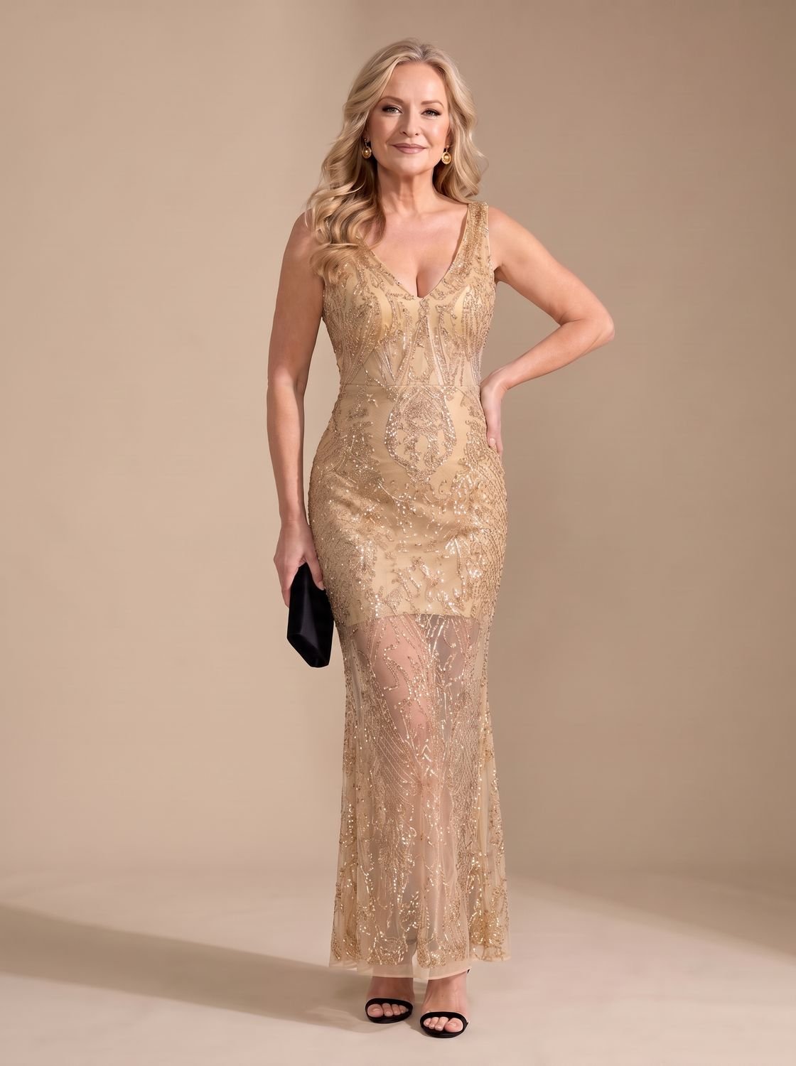 Women's Sequin Sheer Panel Fitted Maxi Christmas Party Dress