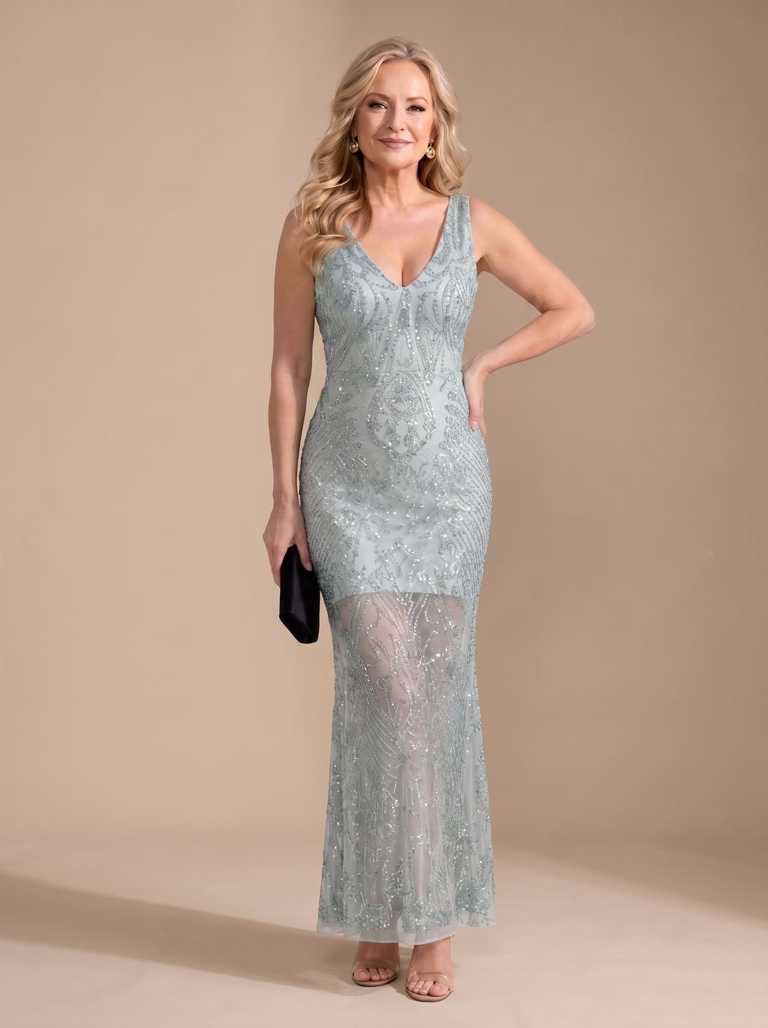 Women's Sequin Sheer Panel Fitted Maxi Christmas Party Dress