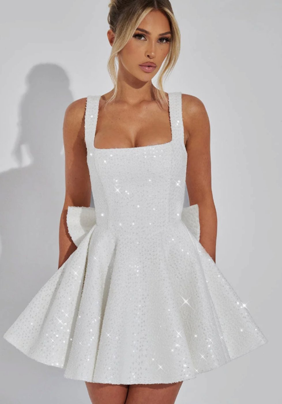 Women's Sequin Square-Neck A-Line Mini Party Dress - White